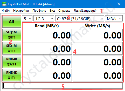 Интерфейс CrystalDiskMark